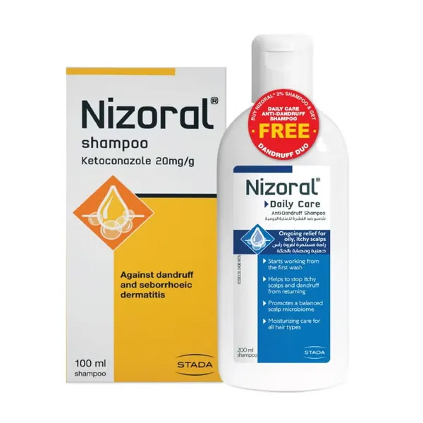 پک دو عددی شامپو ضدشوره نیزورال Nizoral Ketoconazole 2% حجم 100 میل + شامپو نیزورال روزانه دیلی کر Nizoral Daily Care حجم ۲۰۰ میل